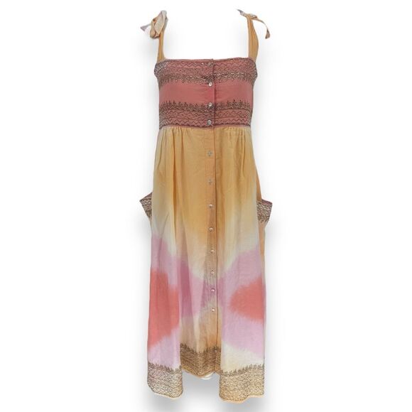 Juliet Dunn Tie Shoulder Cotton Midi Dress Orange Pink Sz 1 US 4 Small Tye Dye‎ - Picture 5 of 14
